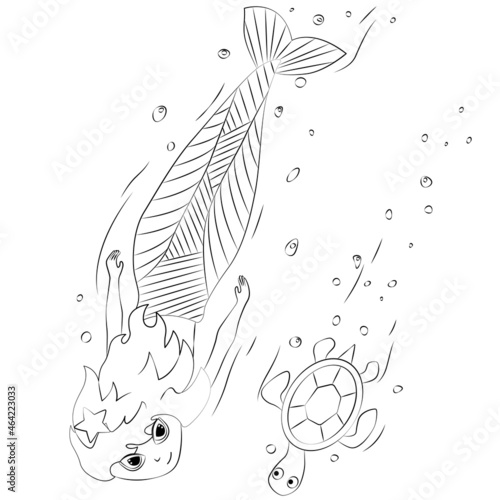 Coloring book for children. The little mermaid swims to the distillation with a turtle. The task for children can be used in a book, magazine.