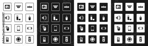 Set Smartwatch, USB flash drive, Speaker volume, Vinyl player, Computer mouse, Motion sensor, Portable video game console and Wireless computer icon. Vector