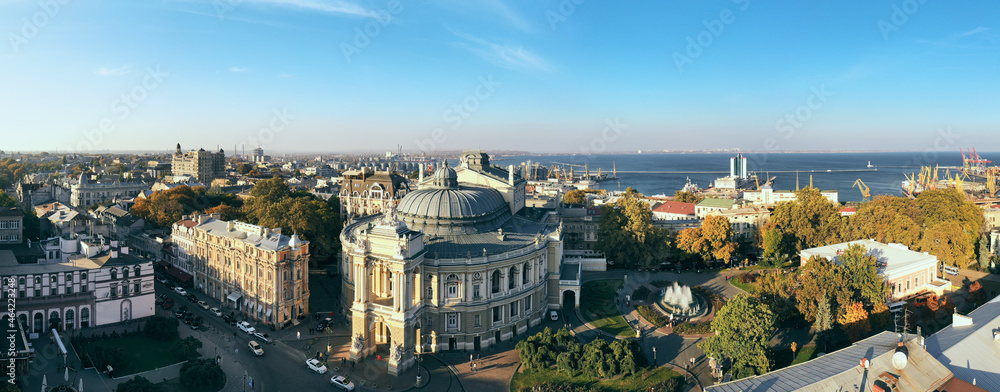 Air panorama the National Opera and Ballet Theatre in Odessa Ukraine with city and port background..