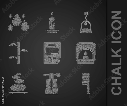 Set Leaf document, Perfume, Hairbrush, Aroma lamp, Stack hot stones, Bamboo stems with leaves, Tea bag and Water drop icon. Vector