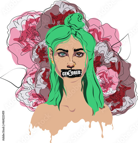 Censored. Vector illustration with young woman in a front of flowers with sticked mouth. Vector. Girl. Flowers.