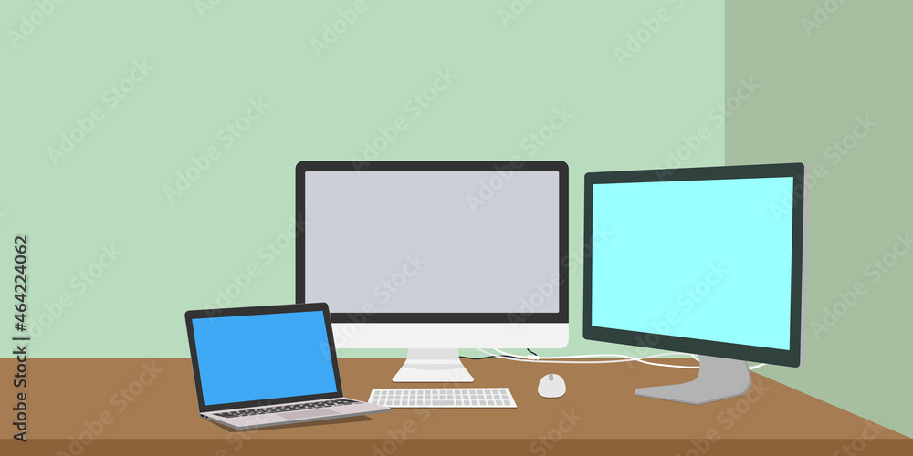 Triple display banner. 2desktops and laptop. vector illustration, copy space, mockup, website, banner, header, background, template, desk, room, green Triple display banner. 2desktops and laptop. vector illustration, copy space, mockup, website, banner, header, background, template, desk, room, green