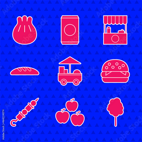 Set Fast street food cart, Apple, Cotton candy, Burger, Grilled shish kebab, Bread loaf, Street stall with awning and Khinkali cutting board icon. Vector