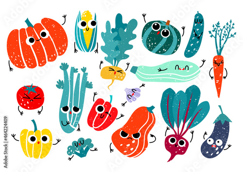 Vector set of stylized character vegetables in print flat style