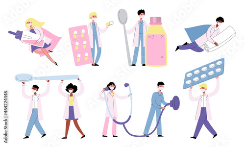 Vector set of tiny doctors in mask holding medical preparation