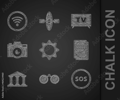 Set Sun, Binoculars, Location with SOS, Passport, Museum building, Photo camera, Smart Tv and Wi-Fi wireless internet network icon. Vector