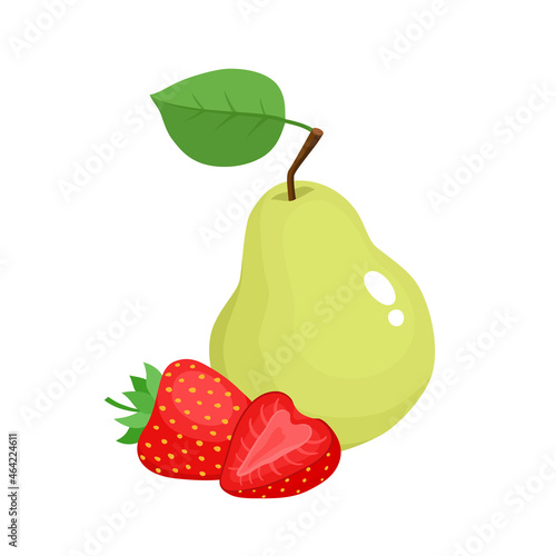 Cartoon bright natural strawberries and pear isolated on white.