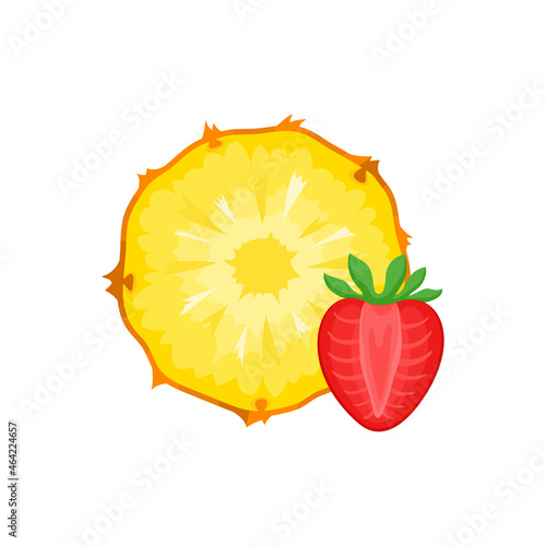 Cartoon bright natural strawberry and pineapple isolated on white