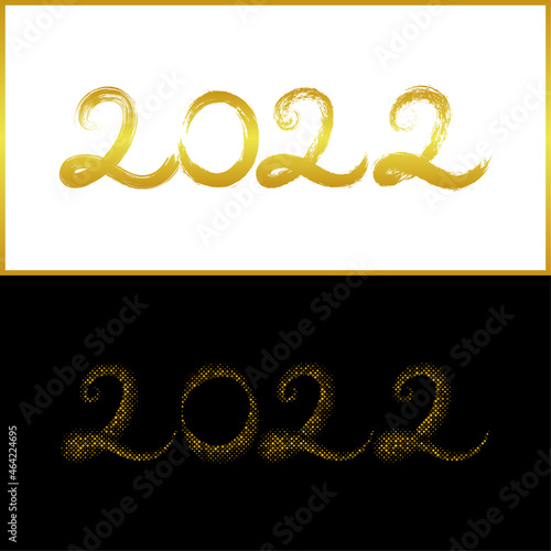 2022 new year hand lettering number in gold dry brush texture effect and halftone effect, isolated on black and white background. Vector Illustration.