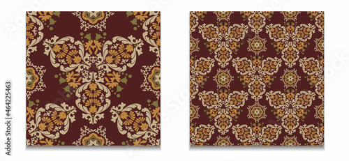 Two templates of vector floral patterns. Vintage seamless damask patterns. Decorative tiles with floral patterns. Brown,gold,beige,green color.