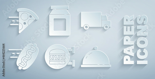 Set Online ordering burger delivery, Fast by car, hotdog, Covered with tray of food, and and pizza icon. Vector