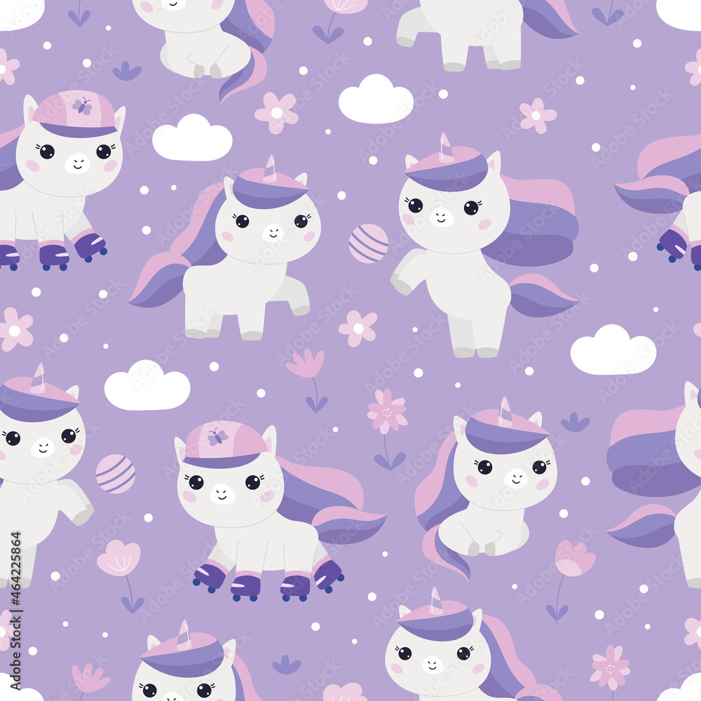 Childish seamless pattern with cute unicorns, flowers, heart and clouds. Kawaii cartoon animals. Pony with roller skates and ball. Purple and pink colors. Vector illustration. Childish seamless pattern with cute unicorns, flowers, heart and clouds. Kawaii cartoon animals. Pony with roller skates and ball. Purple and pink colors. Vector illustration.