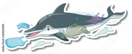 Dolphin stuck in plastic net on white background