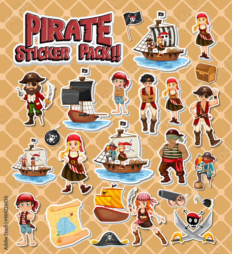 Pirate sticker pack set with cartoon character isolated