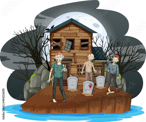 Creepy zombies at graveyard with haunted house