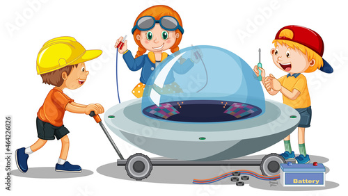 Children repairing ufo together on white background