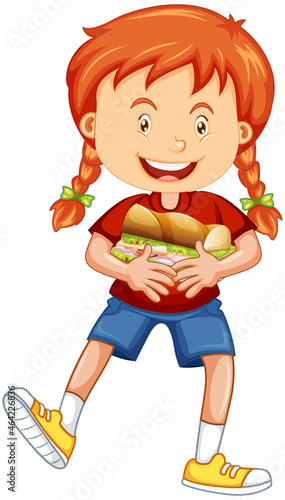 Happy girl cartoon character hugging food sandwich