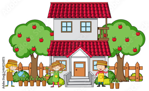 Front view of a house with many kids on white background