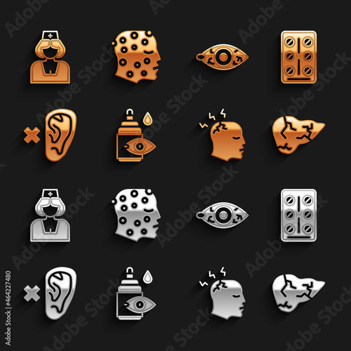 Set Eye drop bottle, Pills in blister pack, Hepatitis virus, Man having headache, Deaf, Reddish eye, Nurse and Psoriasis or eczema rash icon. Vector