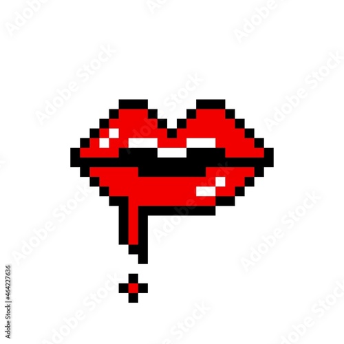 Red pixel lips with dripping blood. Passionate vampire kiss with in game 8bit glamor. Beautiful trendy makeup with creative vector design