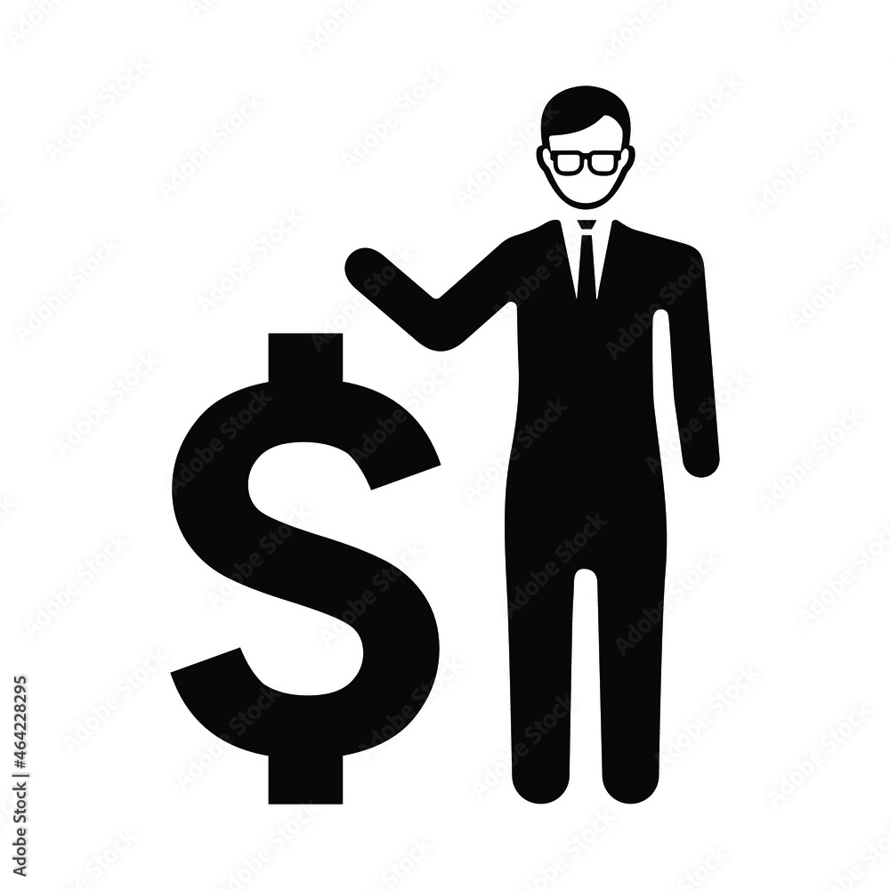 Rich, financial manager icon. Black vector graphics. Rich, financial manager icon. Black vector graphics.