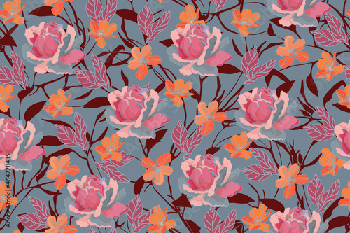 Floral vector seamless pattern. Pink, blue, orange color flowers isolated on a grey background. Curly brown twigs with maroon leaves.