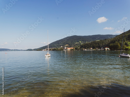 Obraz na płótnie Lake of Tegernsee in Upper Bavaria (Germany) with view on Schloss and Tegernsee Benedictine Abbey from the shore of Rottach-Egern w salonie