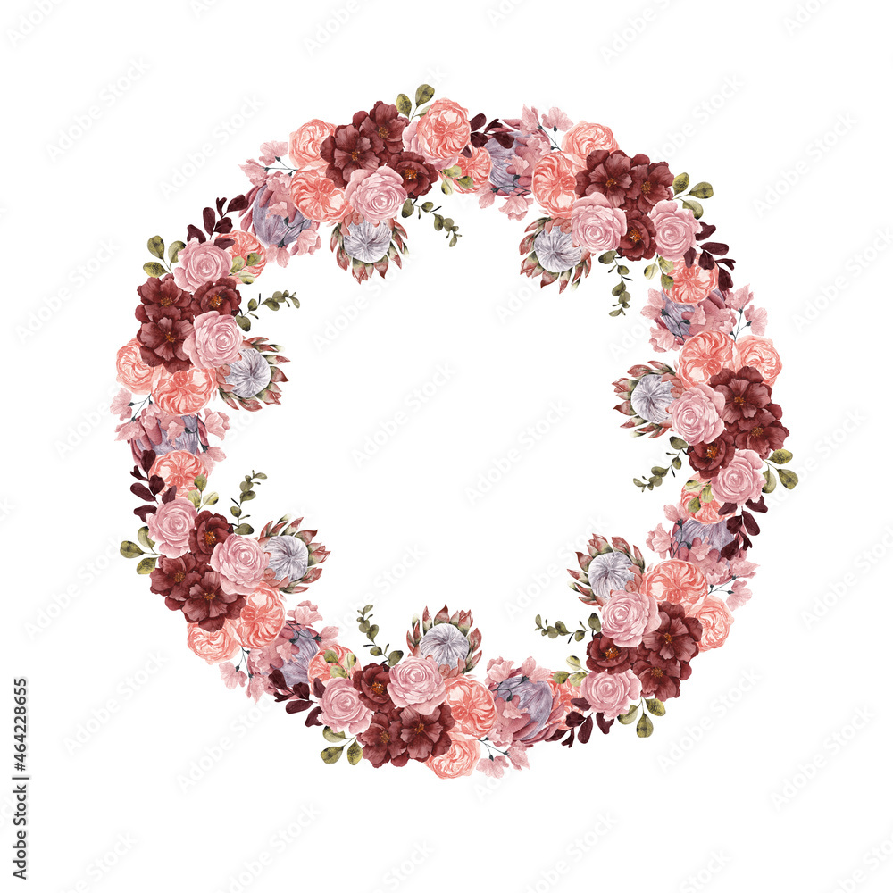 Watercolor wreath with burgundy flowers and fall leaves, isolated on white background