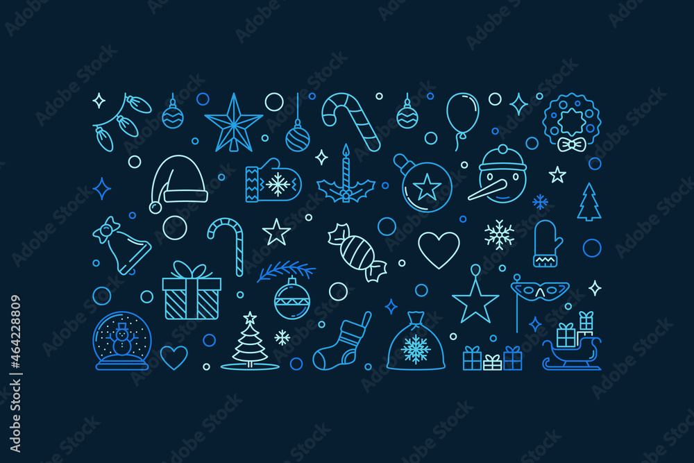 Merry Christmas and New Year blue outline horizontal design