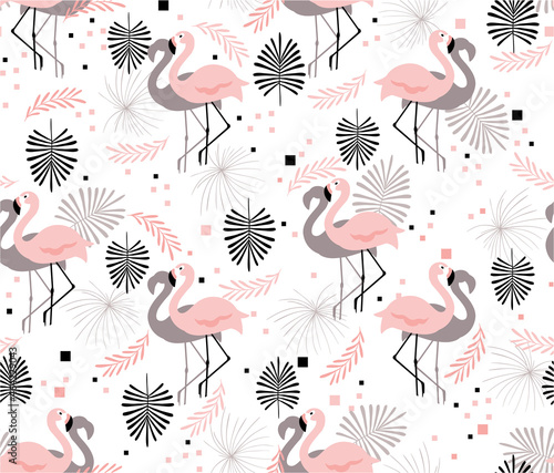Pattern with delicate flamingos and tropical leaves