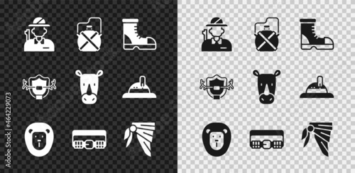 Set Hunter, Canteen water bottle, boots, Wild lion, Hunting cartridge belt, Bandana or biker scarf, Deer antlers shield and Rhinoceros icon. Vector