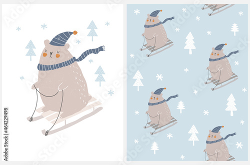 Cute Nursery Vector Art and Seamless Pattern with Big Happy Bear Sledding Among Trees. Woodland Party Print ideal for Card, Fabric. Funny Bear in a Winter Forest on a White and Light Blue Background. 