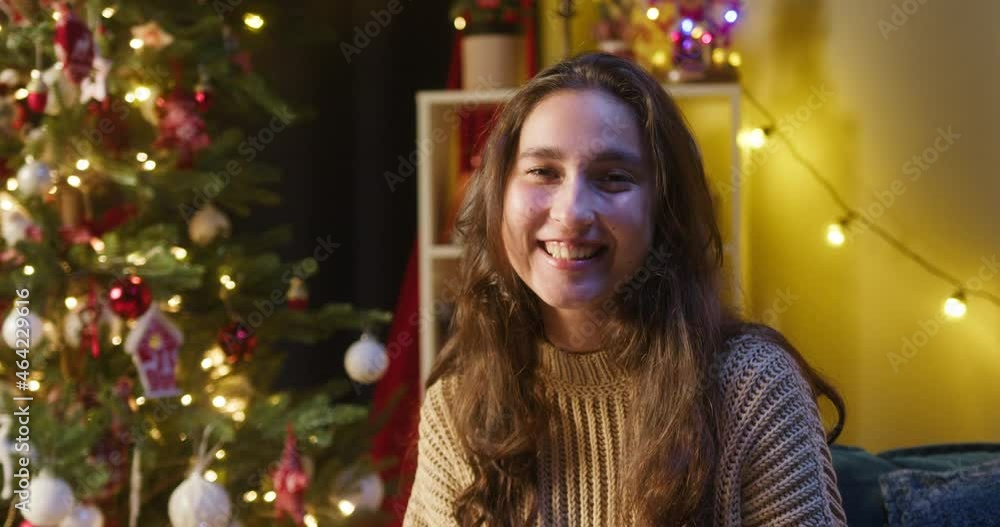 Beautiful woman smiling close-up. Young female student sitting on sofa in decorated living room. Celebrating new year at home, winter time. Christmas holidays and traditions. Beautiful woman smiling close-up. Young female student sitting on sofa in decorated living room. Celebrating new year at home, winter time. Christmas holidays and traditions.