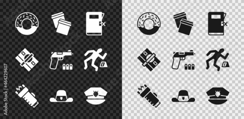 Set Donut, Plastic bag with ziplock, Police station folder, electric shocker, Sheriff hat badge, cap cockade, Stacks paper money cash and Pistol or gun icon. Vector