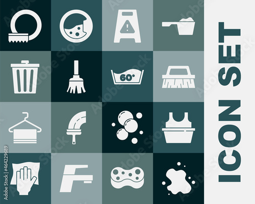 Set Water spill, Basin with shirt, Brush for cleaning, Wet floor, Feather broom, Trash can, Washing dishes and Temperature wash icon. Vector