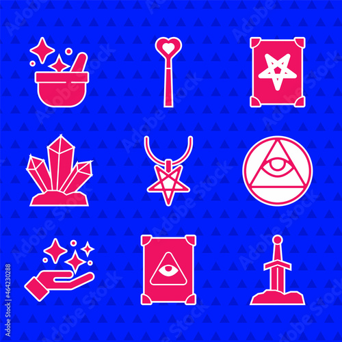 Set Pentagram on necklace, Ancient magic book, Sword in the stone, Masons, Sparkle stars with trick, Magic, and Witch cauldron icon. Vector