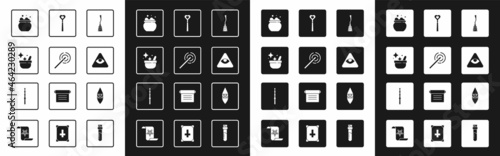 Set Witches broom, Magic wand, cauldron, Masons, Wizard warlock and icon. Vector