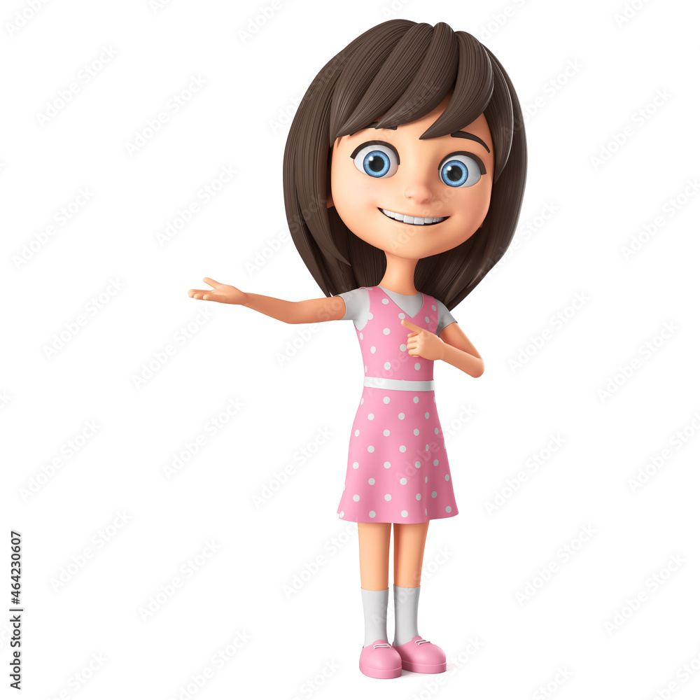 Cartoon character of a beautiful girl in a pink dress and blue eyes points to an empty palm. 3d render illustration. Cartoon character of a beautiful girl in a pink dress and blue eyes points to an empty palm. 3d render illustration.