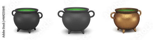 Halloween set. 3D rendering illustration. Magic black cauldron of wedma with green poison isolated on white background. Illustration for advertising.