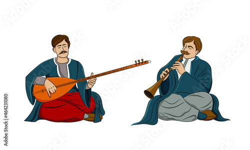 Two musicians playing saz. Folk Turkish musical instrument.