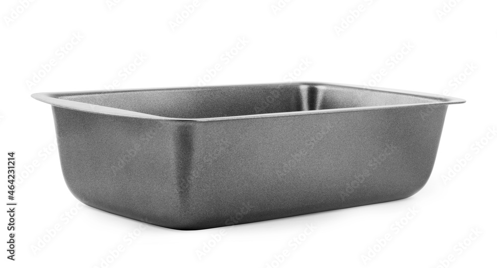 metal baking dish with non-stick coating isolated on white, top view metal baking dish with non-stick coating isolated on white, top view