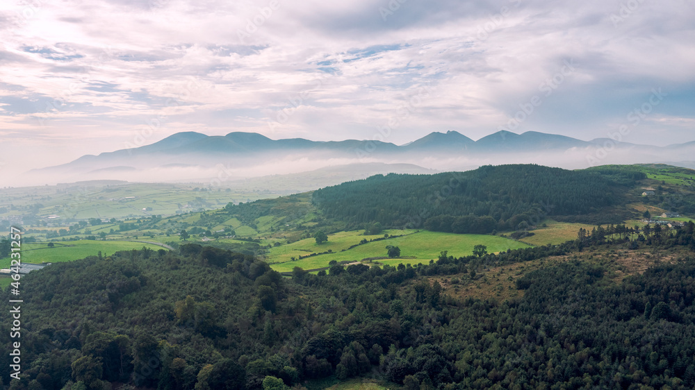 Fototapeta premium aerial view Castlewellan forest park during foggy summer morning, Northern Ireland