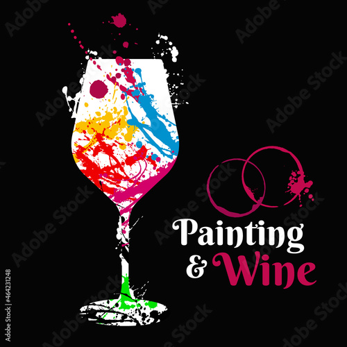 Illustration of wine glass with colorful paint stains.