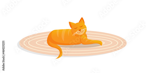 Ginger cute cat lies on a cozy carpet. Vector cartoon illustration.