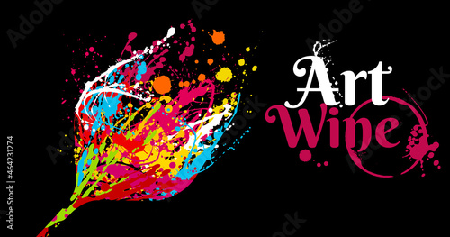 Illustration of wine glass with colorful paint stains.