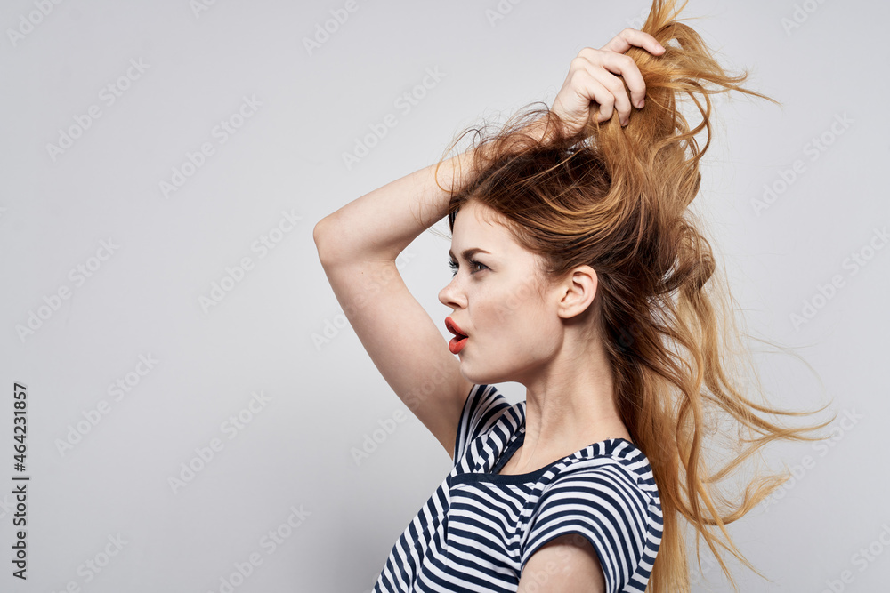 beautiful woman holding hair makeup posing fun fashion model studio beautiful woman holding hair makeup posing fun fashion model studio