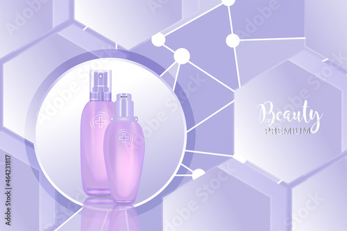 Beauty product ad design, purple cosmetic containers with collagen solution advertising background ready to use, luxury skincare banner, illustration vector.