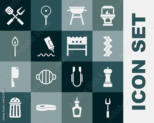 Set Barbecue fork, Pepper, Bacon stripe, grill, Sauce bottle, Burning match with fire, Crossed and spatula and BBQ brazier icon. Vector
