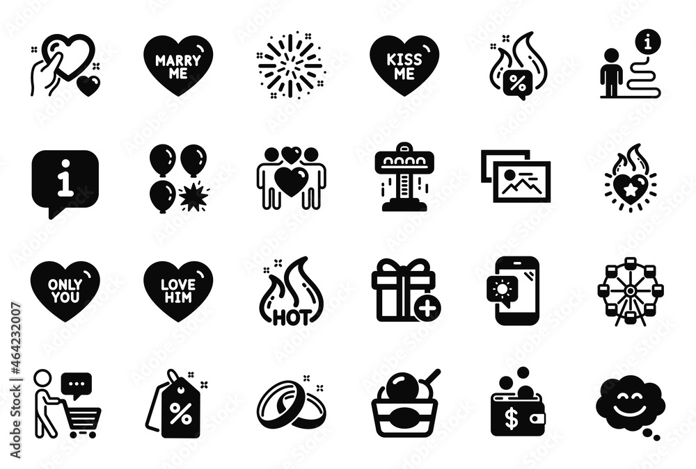 Vector Set of Holidays icons related to Fireworks explosion, Photo album and Smile chat icons. Discount tags, Kiss me and Ice cream signs. Hot offer, Buyer think and Hot sale. Love couple. Vector