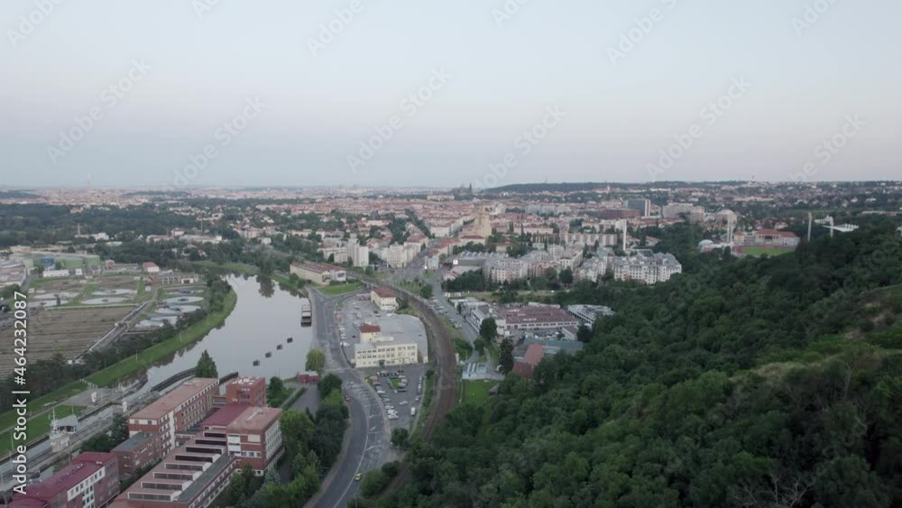 Dron flying over historical ruins to a view of Prague Dron flying over historical ruins to a view of Prague